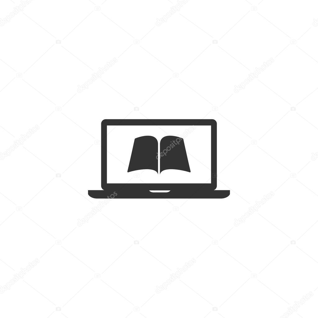 black laptop monitor with open book Isolated on white background. Flat vector simple icon. Internet knowledge symbol. Good for web and mobile design. on-line education sign.