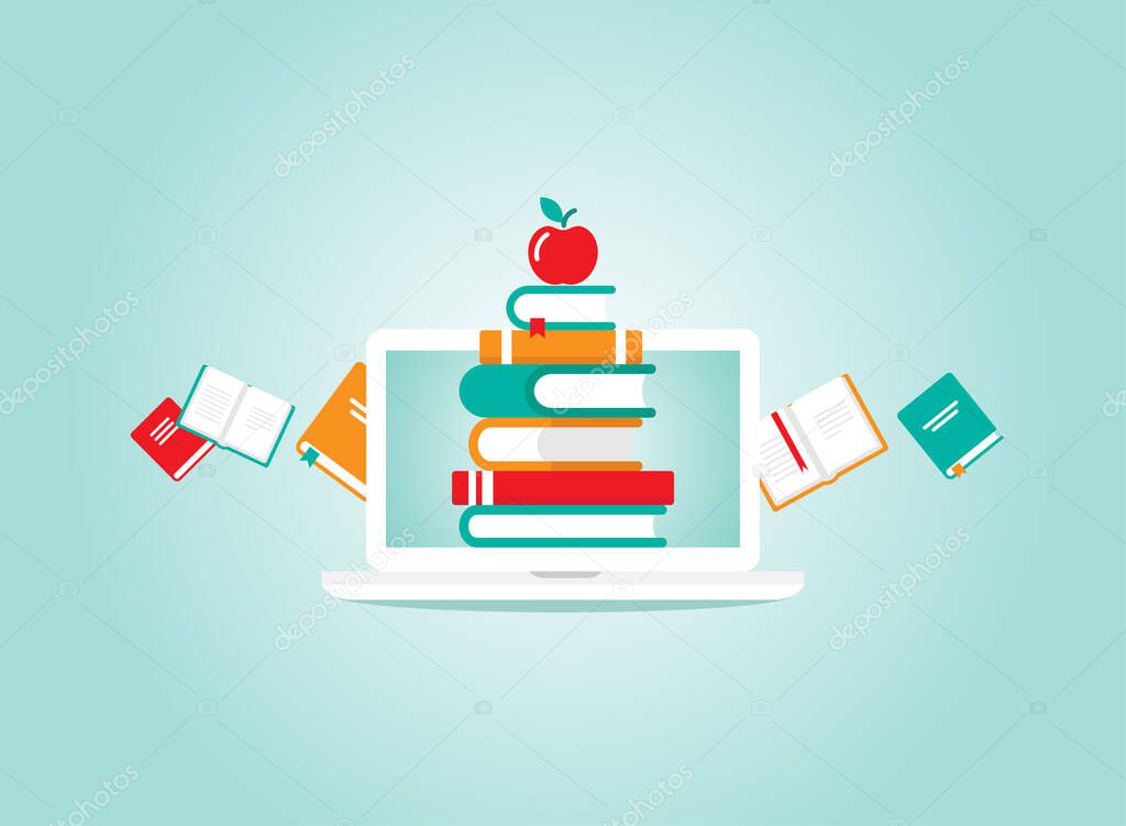 white laptop with stack of colorful books. Isolated on powder blue background. Flat vector simple icon. Internet knowledge symbol. Good for web and mobile design. on-line education sign.