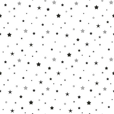 Beyaz arka planda siyah yıldızlar, noktalar ve daireler olan kusursuz şirin desenler. Vektör çizimi. Sihirli havai fişekler. Parlak Stardust geçmişi. Takımyıldız.