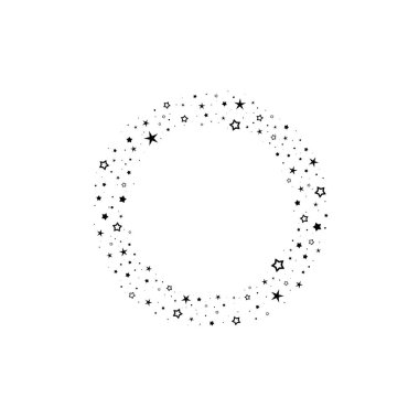 Yıldızlı yuvarlak bir tatil çerçevesi ve beyaz arka planda ışıltılı noktalar. Metin için Starry Circle etiketi. Kart, davet, duvar kağıdı için vektör arkaplanı.