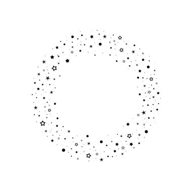 Yıldızlı yuvarlak bir tatil çerçevesi ve beyaz arka planda ışıltılı noktalar. Metin için Starry Circle etiketi. Kart, davet, duvar kağıdı için vektör arkaplanı.