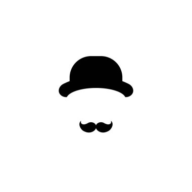Beyefendinin resmi beyaz arkaplanda izole edildi. Bıyıklı ve melon şapkalı bir adamın silueti. Siyah basit bir avatar. Beyazda izole edilmiş. Vektör düz resimleme.