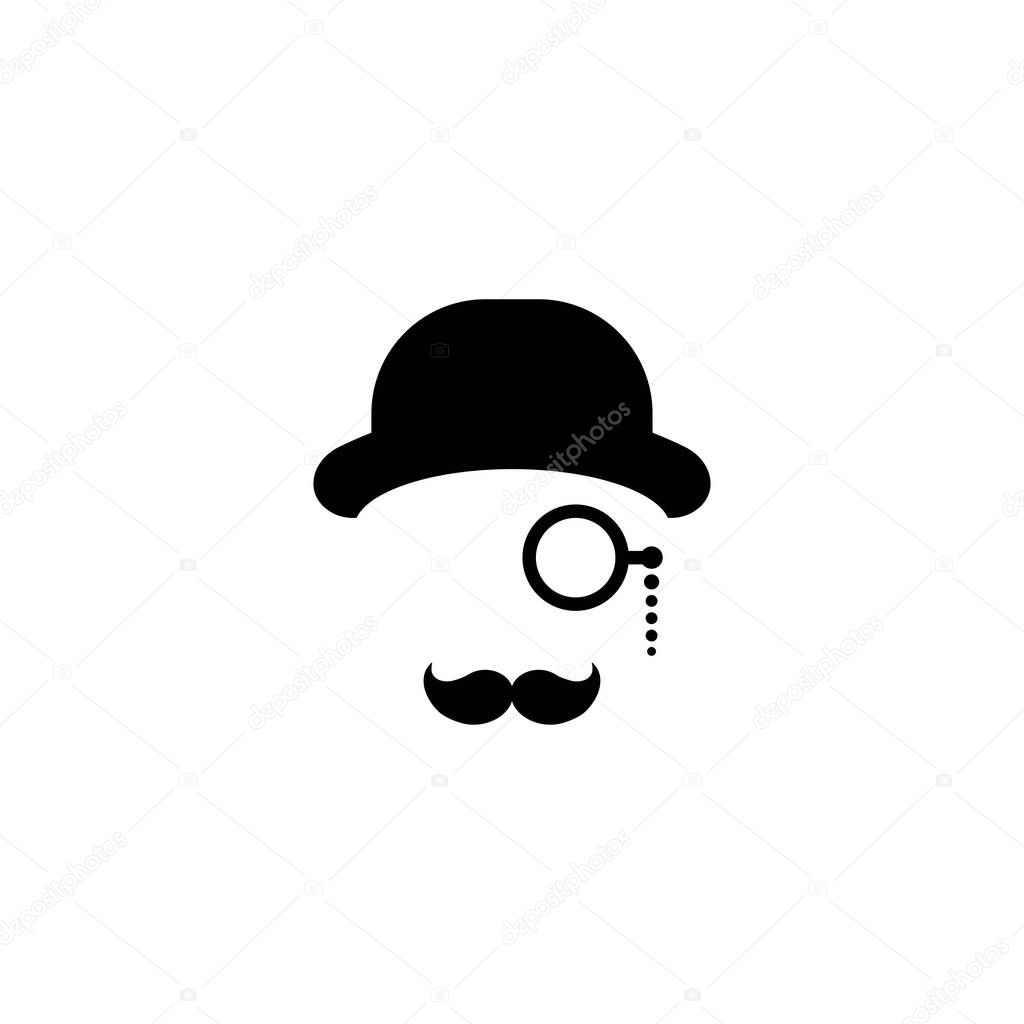 Gentleman icon isolated on white background. Silhouette of man's head with moustache, lorgnette glasses and bowler hat. Black retro, vintage avatar. Isolated on white. Vector flat illustration.