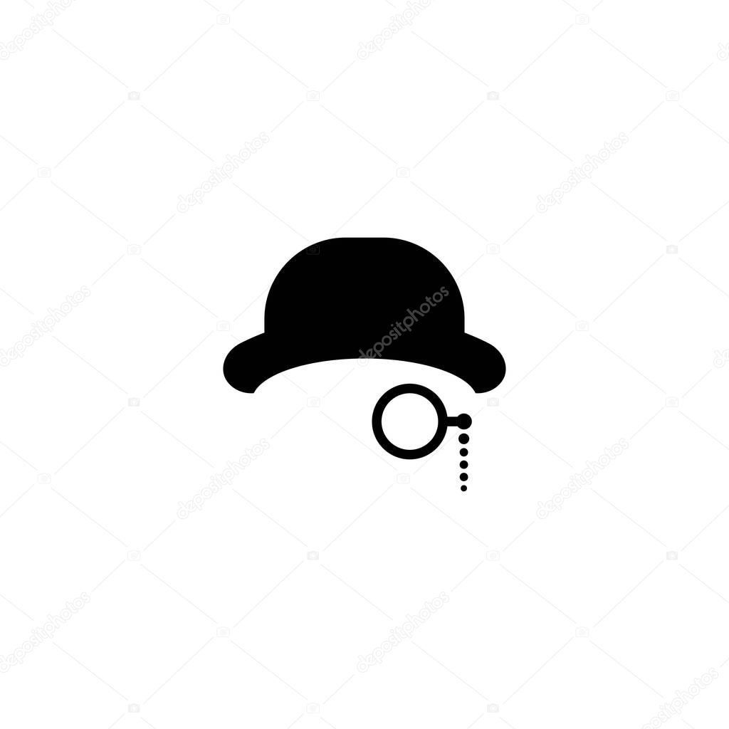 Gentleman icon isolated on white background. Silhouette of man's head with moustache, lorgnette glasses and bowler hat. Black retro, vintage avatar. Isolated on white. Vector flat illustration.