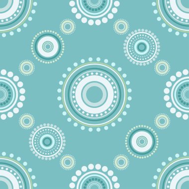 Kusursuz soyut daireler, yeşil noktalar ve turkuaz renkler. Kaleydoskop geçmişi. Dekoratif duvar kağıdı, basım için iyi. Vektör çizimi. Etnik biçim