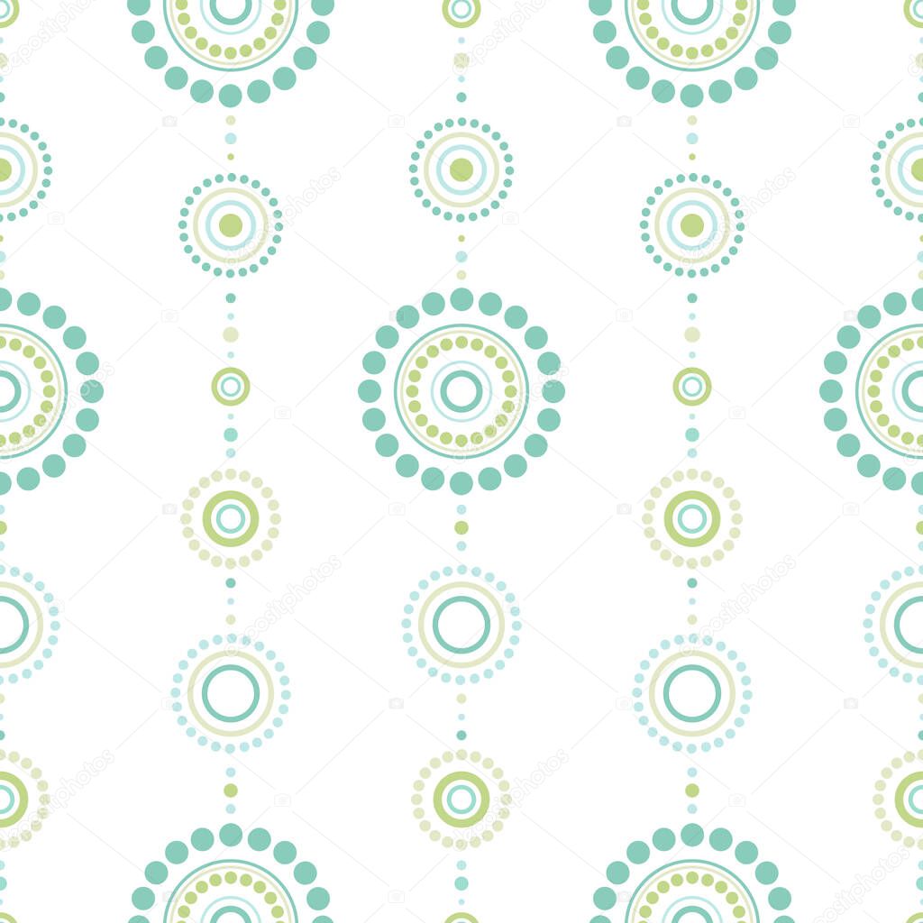 Seamless abstract pattern of circles and dots of green and turquoise colors. Kaleidoscope background. Decorative wallpaper, good for printing. Vector illustration. Ethnic style