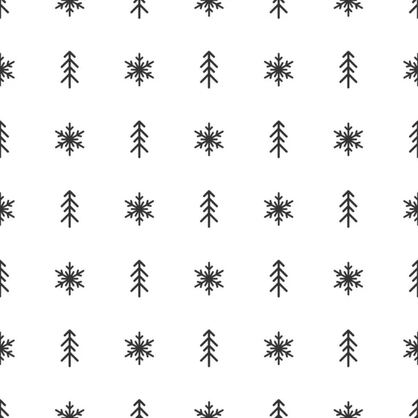 白い背景にラインモミの木や雪の結晶と黒の装飾 フォレスト ブリザード スプルースでシームレスな冬のパターン クリスマスベクトルパターン 生地や紙に印刷するための休日のテクスチャ — ストックベクタ