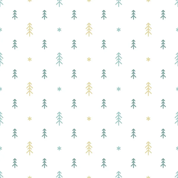 白い背景にモミの木や雪の結晶が並ぶ青い飾り フォレスト ブリザード スプルースでシームレスな冬のパターン クリスマスベクトルパターン 生地や紙に印刷するための休日のテクスチャ — ストックベクタ