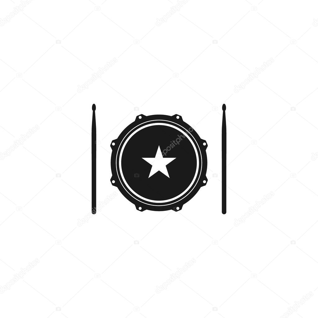 Vector logo of rock school or rock band. Snare drum with drumsticks. Rock music label. Vecor logo isolated on white.