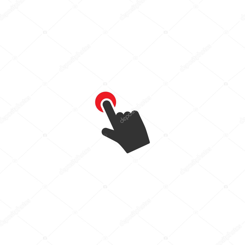 Click or push the button pictogram. Black pointing hand with red button. isolated on white. Flat cursor icon. Vector illustration. Point out sign.