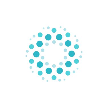 Mavi enerji yuvarlak logosu beyaza izole edilmiş. Çemberler ve noktalar soyut şekiller. Yaratıcı bilim, teknoloji logosu. Sistem, iletişim, ağ, etkileşim, takım çalışması işareti. Vektör illüstrasyonu