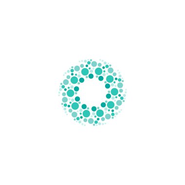 Mavi enerji yuvarlak logosu beyaza izole edilmiş. Çemberler ve noktalar soyut şekiller. Yaratıcı bilim, teknoloji logosu. Sistem, iletişim, ağ, etkileşim, takım çalışması işareti. Vektör illüstrasyonu