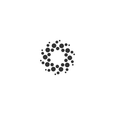 Siyah enerji yuvarlak logosu beyaza izole edilmiş. Çemberler ve noktalar soyut şekiller. Yaratıcı bilim, teknoloji logosu. Sistem, iletişim, ağ, etkileşim, takım çalışması işareti. Vektör illüstrasyonu