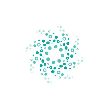 Mavi enerji yuvarlak logosu beyaza izole edilmiş. Çemberler ve noktalar soyut şekiller. Yaratıcı bilim, teknoloji logosu. Sistem, iletişim, ağ, etkileşim, takım çalışması işareti. Vektör illüstrasyonu