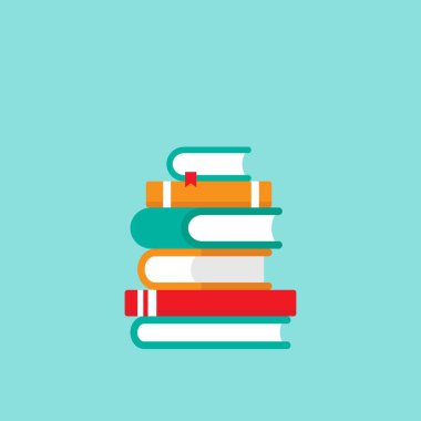 Bir sürü renkli kitap yığını. Barut mavisi arka planda izole edilmiş. Düz simge. Vektör çizimi. Bilgi logosu. Eğitim resim grafiği.