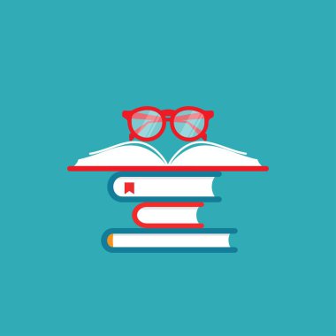 Kırmızı gözlüklü bir yığın kitap. Mavi arka planda izole edilmiş. Düz okuma simgesi. Vektör çizimi. Eğitim logosu. Bilgi.