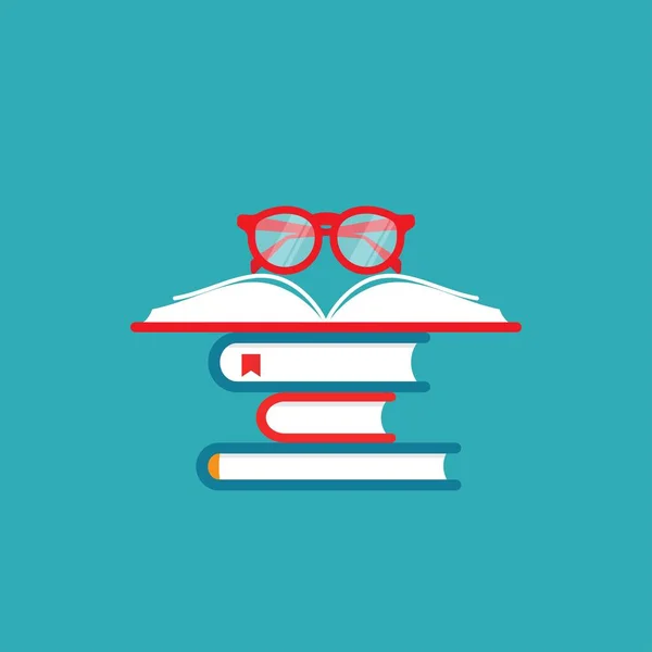 Bücherstapel Mit Roter Brille Vereinzelt Auf Blauem Hintergrund Flache Lektüre — Stockvektor