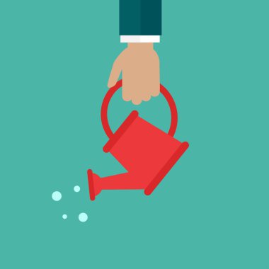 El ele tutuşup sulama tenekesi. İş büyümesi. Başla, doldur. Fikir gelişiyor. Mavi arkaplanda vektör çizimi. Çevre koruma. Çevre dostu düşünce.