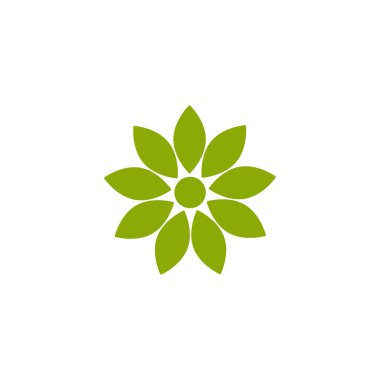 9 keskin taç yaprağı olan yeşil ayçiçeği ikonu. Beyazda izole edilmiş. Vektör basit illüstrasyon. Eko tarzı. Doğa çiçek sembolü.