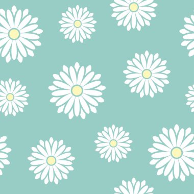Papatya ya da papatya çiçekli kusursuz desen. Pastel pudra mavisi arka planda düz çiçekler. Vektör simetrik duvar kağıdı. Yazdırma için doğa eko süsü.