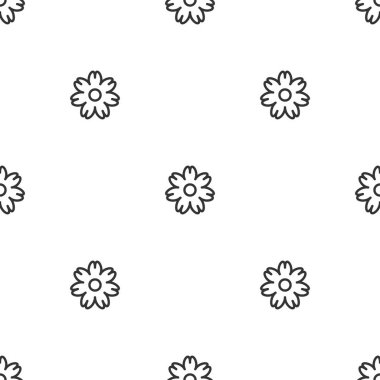 Kusursuz papatya deseni. Beyaz arka planda siyah çizgili düz çiçekler. Vektör simetrik duvar kağıdı. Yazdırma için doğa eko süsü.