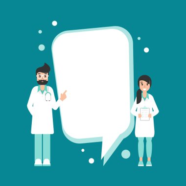 Mavi arka planda büyük konuşma balonu olan doktorlar. Tıbbi internet danışmanlığı. Sağlık hizmetleri danışmanlık sitesi. Hastane desteği devrede. Bilgisayar doktoru. Doktora sor. Vektör düz resimleme