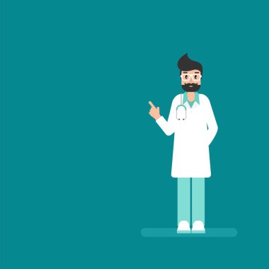 Mavi arka planda erkek doktor. Tıbbi internet danışmanlığı. Sağlık hizmetleri danışmanlık sitesi. Hastane desteği devrede. Bilgisayar doktoru. Doktora sor. Mavi üzerine vektör düz illüstrasyon