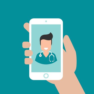 Ekranda doktorla el ele tutuşmak. Tıbbi internet danışmanlığı. Sağlık hizmetleri web servisi. Hastane desteği devrede. Gezici doktor, konsept vektör düz illüstrasyon mavi üzerinde sor