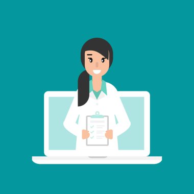 Telefon ekranında kontrol listesi olan gülümseyen kadın doktor. Tıbbi internet danışmanlığı. Sağlık hizmetleri danışmanlık sitesi. Hastane desteği devrede. Gezici doktor, ara, sor konsept