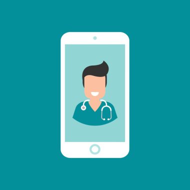 Telefondaki gülümseyen adam doktor. Tıbbi internet danışmanlığı. Sağlık hizmetleri danışmanlık sitesi. Hastane desteği devrede. Gezici doktor, konsept vektör düz illüstrasyon mavi üzerinde sor