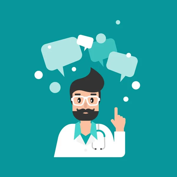 Lächelnder Arzt Mit Chatblasen Medizinische Internetberatung Healthcare Consulting Webservice Krankenhausunterstützung — Stockvektor
