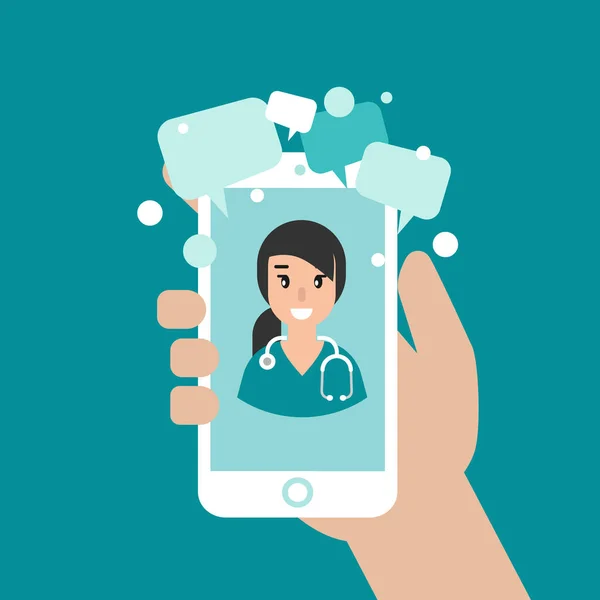 Ruka Drží Smartphone Lékařem Obrazovce Lékařská Internetová Konzultace Zdravotní Webová — Stockový vektor
