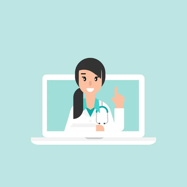 Usmívající Doktorka Obrazovce Notebooku Lékařská Internetová Konzultace Zdravotní Poradenství Webové — Stockový vektor