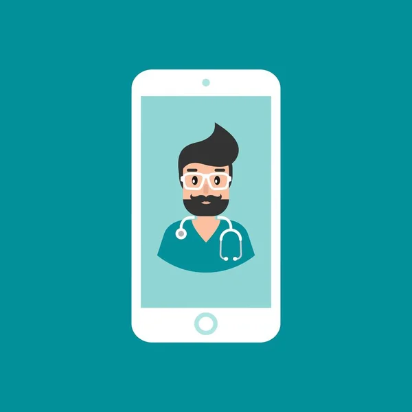 Docteur Souriant Sur Écran Téléphone Consultation Médicale Sur Internet Service — Image vectorielle