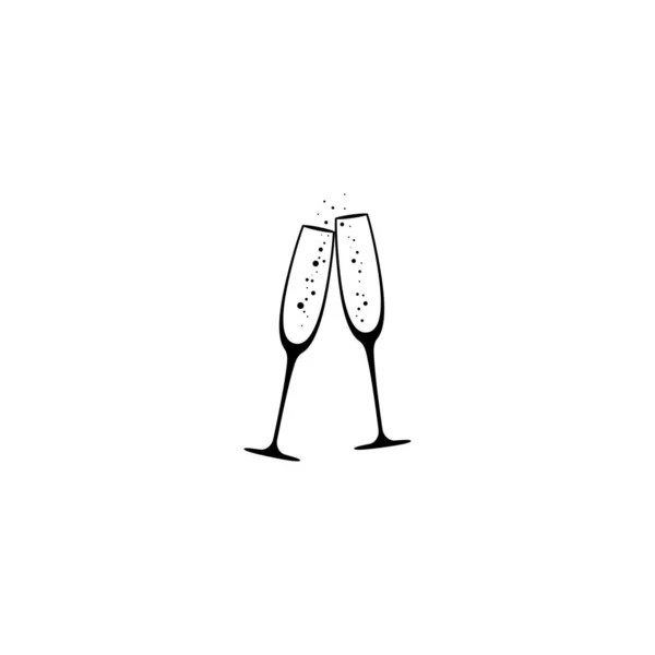 Two Champagne Glasses Bubbles Flat Goblet Icon Black Simple Pictogram — Stock Vector