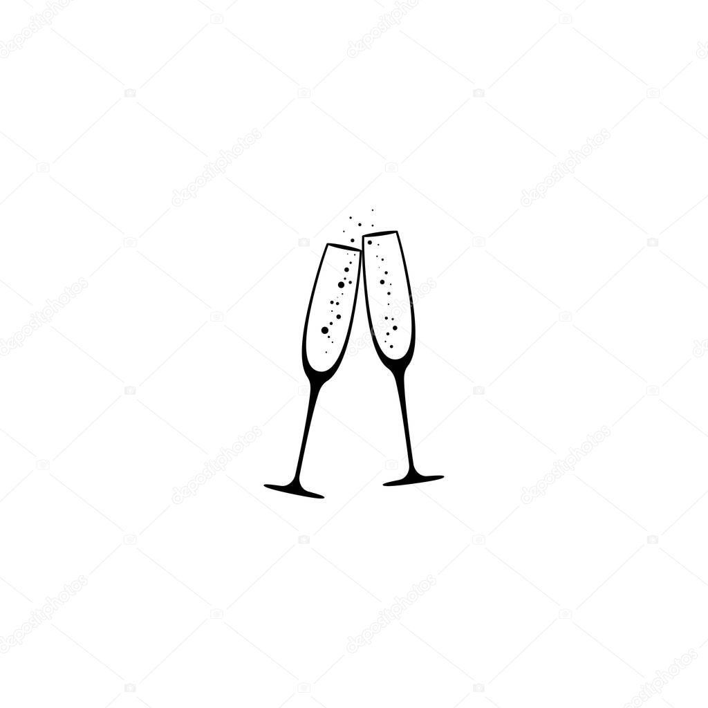 two champagne glasses with bubbles. flat goblet icon. Black simple pictogram isolated on white background. Vector illustration. Holiday, celebration, toast, party. Logo for restaurant, bar, cafe.
