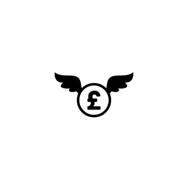翼を持つポンドのスターリングコイン 黒のフラットアイコンは白の背景に隔離された 空飛ぶお金 お金の絵文字 富の象徴だ ベクトルイラスト — ストックベクタ