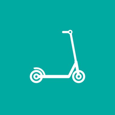 Beyaz tekme scooter ya da dengeli bisiklet ikonu. Düz itme scooter 'ı mavi yolda izole edildi. Vektör çizimi. Çevre taşıma sembolü. Sağlıklı bir yolculuk. Ekoloji. Yeşile git. Hippi..