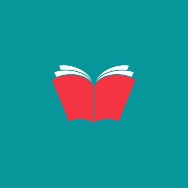 Mavi arka planda kırmızı kapaklı açık bir kitap. Düz okuma simgesi. Vektör çizimi. Eğitim logosu. Kütüphane resim grafiği.