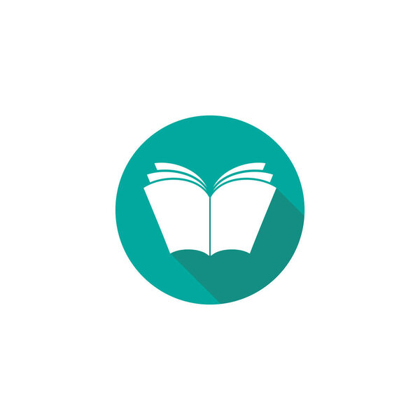 Белая книга с тенью в голубом круге. Значок образования выделен на белом фоне. Знание плоская икона. Векторная иллюстрация. Логотип чтения.
