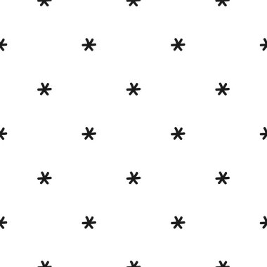 Siyah çizgi yıldızlı kusursuz desen ya da beyaz arkaplanda yıldız işareti. Etnik simetrik arkaplan. Çapraz eşkenar dörtgen desen. Geometrik dikişsiz doku. Mozaik ekose. Damalı vektör illüstrasyonu.
