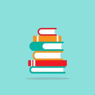 Bir sürü renkli kitap yığını. Barut mavisi arka planda izole edilmiş. Düz simge. Vektör çizimi. Bilgi logosu. Eğitim resim grafiği.