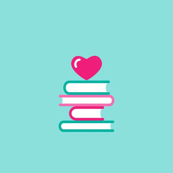 Pembe kalpli bir yığın kitap. Mavi arka planda izole edilmiş. Bibliyofil düz ikon. Vektör çizimi. Logo okumayı seviyorum. Romantik kitap çizimi.