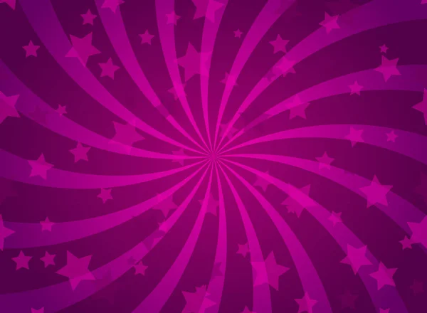 Güneş ışığı spiral yatay arkaplan. Mor ve mor renkli arka planda parlayan yıldızlar var. Vektör çizimi. Güneş ışını güneş patlaması desenli arkaplan. Sihir, festival, sirk posteri