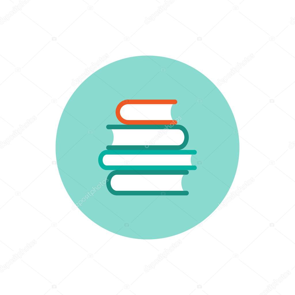 Stack of colorful books in blue circle. Isolated on white background. Flat icon. Vector illustration. Knowledge logo. Education