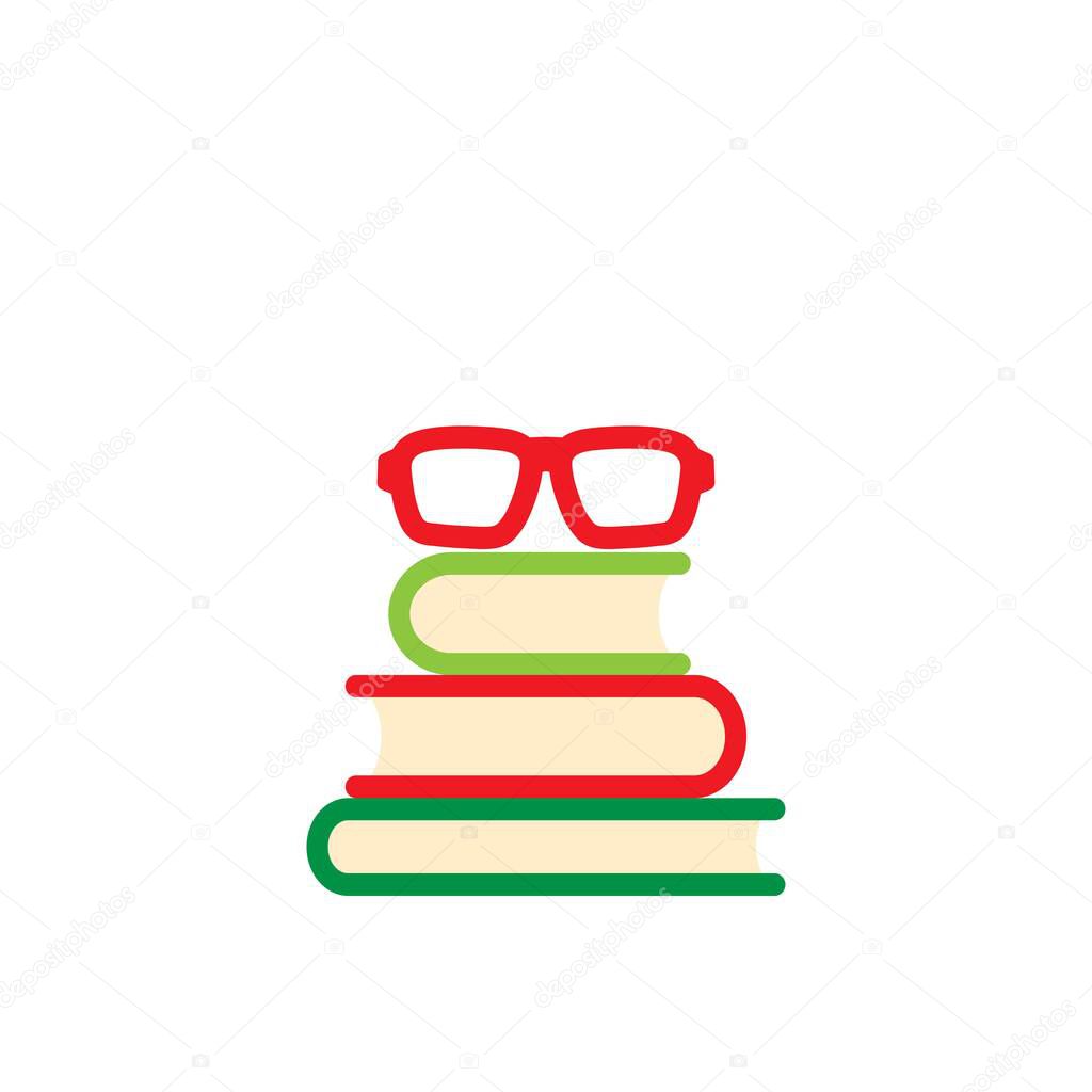 stack of green books with red glasses. Isolated on white blue background. Flat reading icon. Vector illustration. Education logo. Knowledge pictogram.