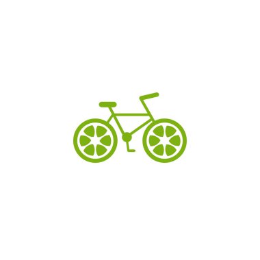 Yeşil bisiklet ve kireç tekerlek ikonu. Düz bisiklet logosu beyaza izole edilmiş. Vektör çizimi. Çevre Taşıma Sembolü.