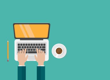 Kahve, akıllı telefon ve elleri klavyede olan dizüstü bilgisayarlı bir iş yeri. Turkuaz arka planda izole edilmiş bilgisayar kullanan insan elleri. Not defteri üst görünümü. Bağımsız daktilo. Vektör illüstrasyonu.