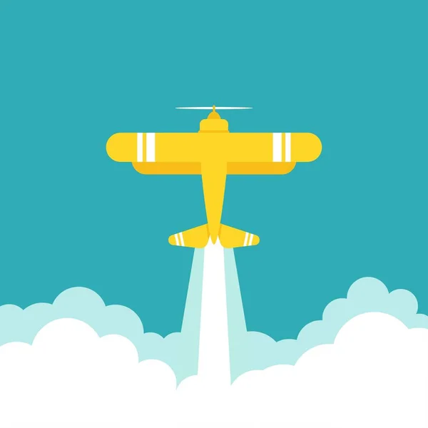 Жёлтый Ретро Самолёт Самолёт Летит Небе Облаками Плоский Старинный Самолет — стоковый вектор