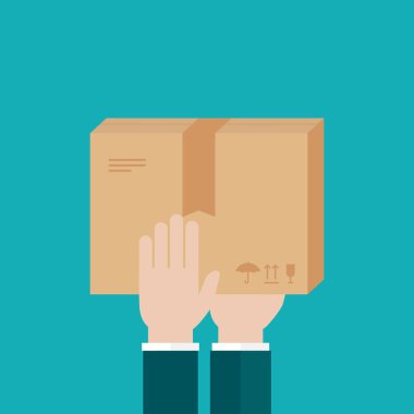 Kurye elleri müşteriye paket verir. Mavi üzerine izole edilmiş. Teslimat kutusu, paket servisi, ulaşım, konteynır. Ürünleri al, gönder ve transfer et. Vektör düz resimleme